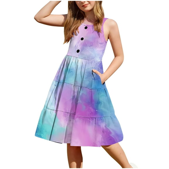 XUNKUSGA Toddler Girl Summer Dresses Casual Sleeveless Button Down Beach Dresses Graphic/Tie Dye Sundresses Swing Flowy Tiered Midi Sundress with Pockets 2-12 Years