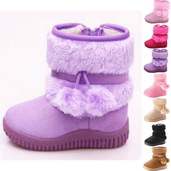 XUNKUSGA Toddler & Little Kid Winter Boots Cozy Warm Fleece Lined Snow Boots with Side Zipper Soft Suede Comfortable Outdoor Ankle Boots with Pom Poms for Cold Weather 15-18 Months