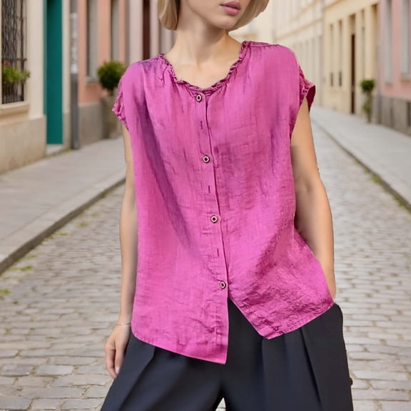 XUNKUSGA Tops for Women Casual Cotton Linenn Going Out Tops Fashion Lace Collar Button Down Womens Tops Loose Solid Color Cap Sleeve Womens Blouses M-3XL Pink