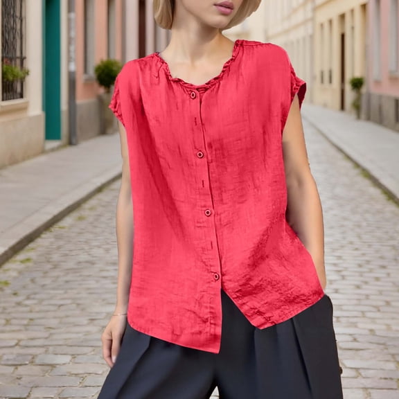 XUNKUSGA Tops for Women Casual Cotton Linenn Going Out Tops Fashion Lace Collar Button Down Womens Tops Loose Solid Color Cap Sleeve Womens Blouses M-3XL Red