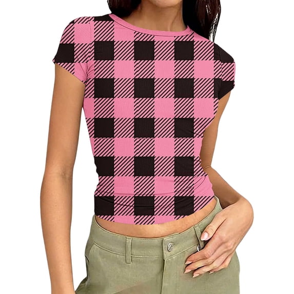 XUNKUSGA Tops for Women Casual Crew Neck Ribbed Women's T-Shirts Classic Soild Color Short Sleeve Slim Fit Womens Blouses Soft Stretchy Base Layer Women Pink