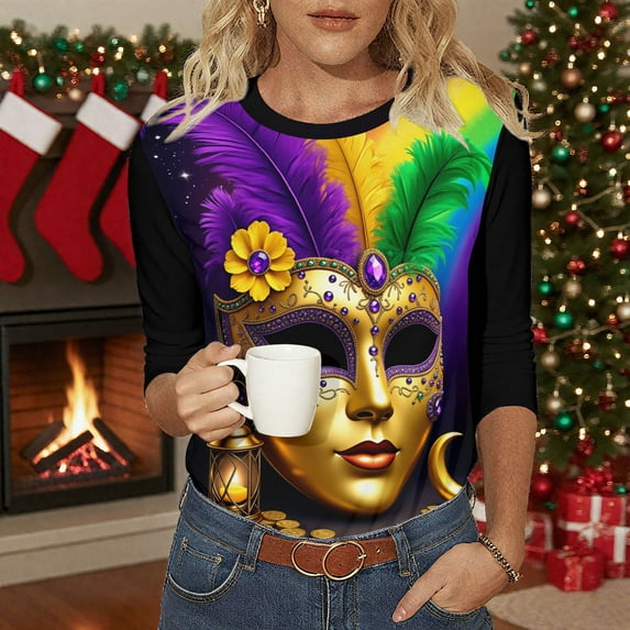 XUNKUSGA Tops for Women Classic 3/4 Sleeve Blouses for Women Fashion Carnival Themed Costumes Casual Round Neck Tunic Tops Orleans Carnival Party Women's T-Shirts S-2XL Multicolor