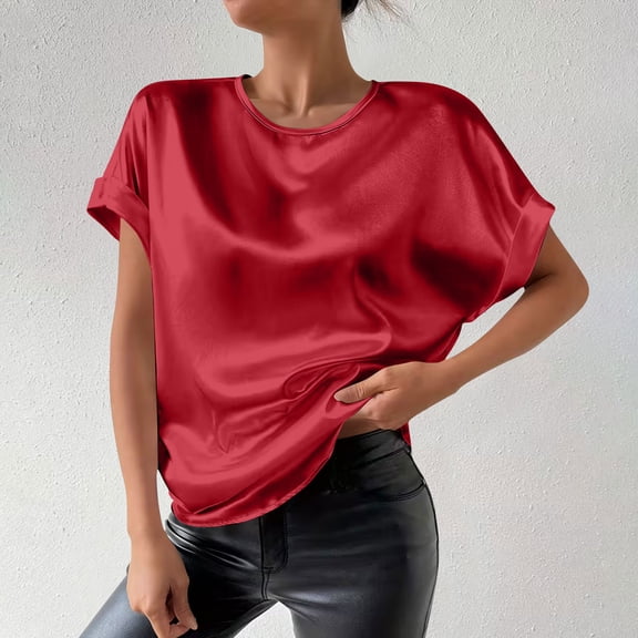 XUNKUSGA Tops for Women Classic Satin Silk Ladies Tops and Blouses Casual Crew Neck Short Sleeve Womens Blouses Comfortable Loose Soild Color Work Tunic Tops S-2XL Red