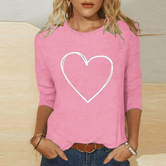 XUNKUSGA Tops for Women Cute Love Heart 3/4 Sleeve Womens T Shirts Lightweight Breathable Crewneck Valentine's Shirts for Women Soft Skin-Friendly Blouses for Women S-5XL Pink