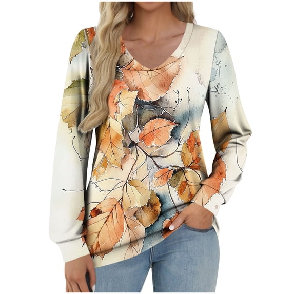 XUNKUSGA Tops for Women Fashion Floral Going Out Tops Classic V-Neck Long Sleeve Women's Blouses Casual Breathable Ladies Tops and Blouses Soft Stretchy Women's Tops S-2XL Brown