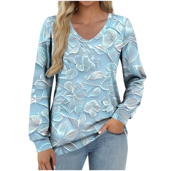 XUNKUSGA Tops for Women Fashion Floral Going Out Tops Classic V-Neck Long Sleeve Women's Blouses Casual Breathable Ladies Tops and Blouses Soft Stretchy Women's Tops S-2XL Blue