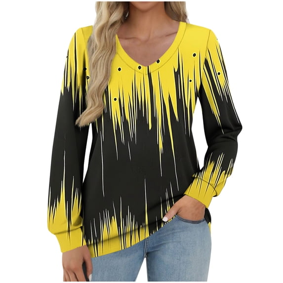 XUNKUSGA Tops for Women Fashion Floral Going Out Tops Classic V-Neck Long Sleeve Women's Blouses Casual Breathable Ladies Tops and Blouses Soft Stretchy Women's Tops S-2XL Yellow