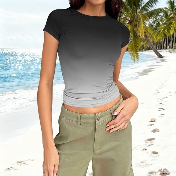 XUNKUSGA Tops for Women Fashion Gradient Crew Neck Slim Fit Blouses for Women Casual Basic women's t-shirts Classic Summer Stretchy Short Sleeve Tops for Women S-3XL Black