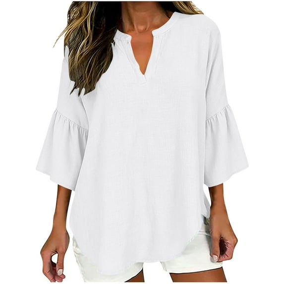XUNKUSGA Tops For Women Fashion V-Neck 3/4 Ruffled Flutter-Sleeve Going Out Tops Classic Solid Color Double Layered Chiffon Work Tunic Shirts S-2XL,White