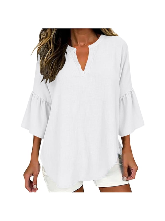 Tops For Women Fashion V-Neck 3/4 Ruffled Flutter-Sleeve Going Out Tops Classic Solid Color Double Layered Chiffon Work Tunic Shirts S-2XL,White