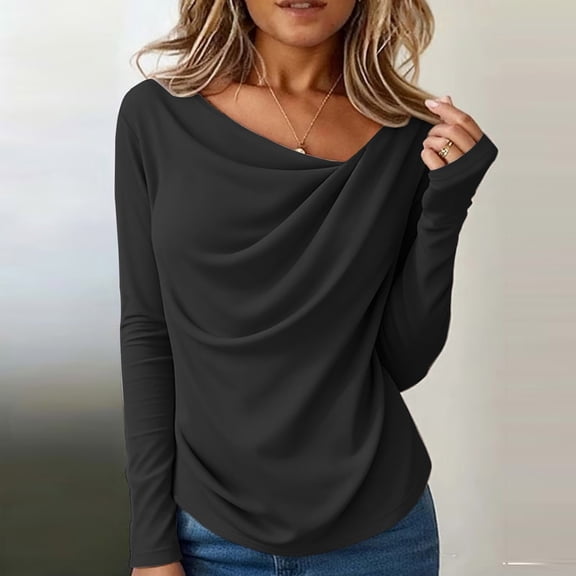 XUNKUSGA Tops for Women Loose One-Shoulder Cowl Neck Pleated Womens Tops Casual Solid Color Long Sleeve Womens Dressy Tops Fashion Wrap Ruched Asymmetrical Neck Going Out Tops S-2XL Black
