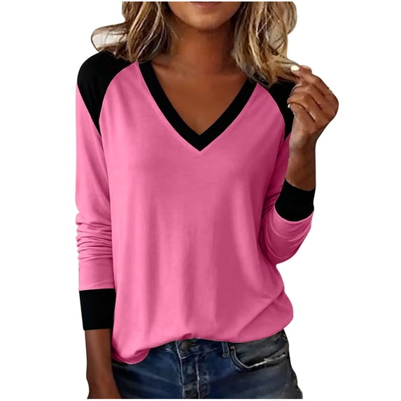 XUNKUSGA Tops for Women Trendy Fashion Color Block Going Out Tops For Women Casual V Neck Raglan Long Sleeve Shirts for Women Comfort Soft Classic T-Shirts for Women S-2XL Pink