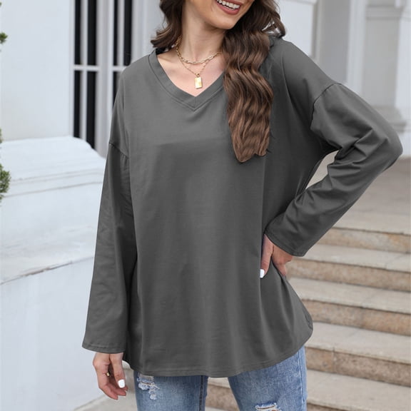 XUNKUSGA Tops for Women Trendy Plus Size V Neck Shirts for Women Casual Long Sleeve Loose Fit Tops for Women Trendy Solid Color Cozy Tunic S-2XL