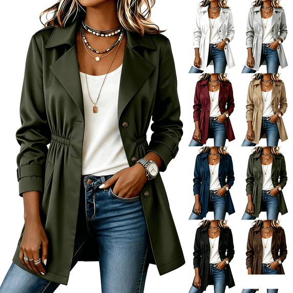 XUNKUSGA Trench Coat Women Fashion Notched Lapel Button Down Drawstring Waist Windbreaker Jacket Women Classic Casual Solid Color Fall Winter Coat with Pocket Army Green 2XL