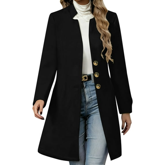 XUNKUSGA Trench Coat Women Mid-Long Stand Collar Pea Coats for Women Vintage Single Breasted Casual Outerwear Winter Coats for Women S-2XL Black