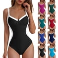 thumbnail image 1 of XUNKUSGA Tummy Control Swimsuits for Women Fashion Slimming Color Block Side Waistlines Womens Swimsuits Lightweight V Neck One Piece Swimsuit Women,Black,S, 1 of 8