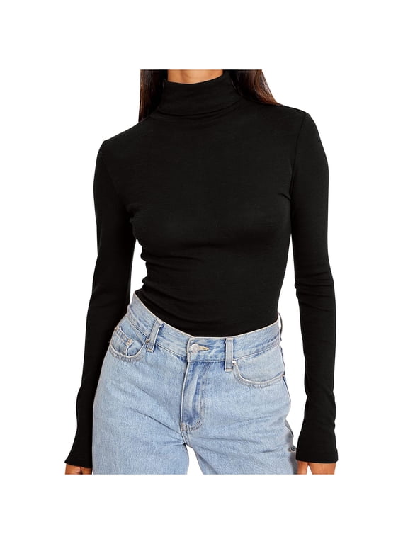 Turtleneck Tops for Women Casual Long Sleeve Basic Tops for Women Fall Fashion Slim Fit Thermal Underwear Tops Lightweight Base Layer Women S-5XL Black