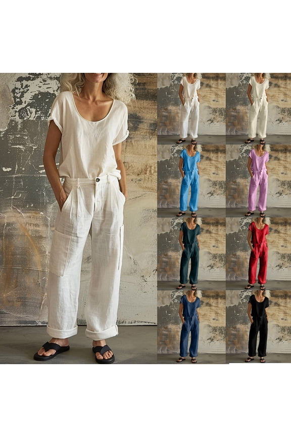 Two Piece Sets for Women Soild Color Soft Cotton Linen U Neck Top and Button Up Wide Leg Long Pants Matching Sets Women Clothing with Pockets,Beige,M