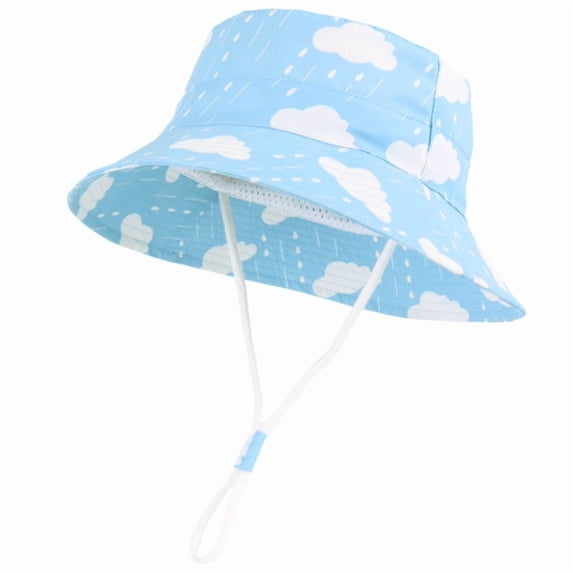XUNKUSGA UPF 50+ Sun Protection Baby Sun Hat Classic Wide Brim Bucket Hat with Strings Soft Cotton Cute Print Summer Hats for Beach Outdoor Play,Blue,2-4Y
