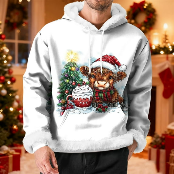 XUNKUSGA Ugly Christmas Hoodies for Men Cute Christmas Prints Fleece Trim Pullover Hoodies Casual Solid Color Hooded Sweatshirt Women Loose Long Sleeve Plain Hoodies S-2XL White