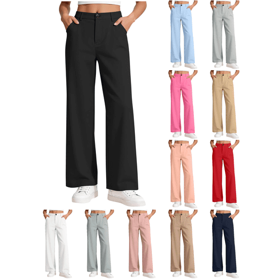 XUNKUSGA Big Girls High Waisted Straight Leg Dress Pants with Button Closure Classic Solid Color School Uniform Pants for Back to School Business Casual Slacks,11 Years