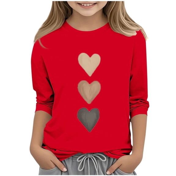 XUNKUSGA Valentine's Day 3-12 Years Girls Sweatshirts Fashion 3/4 Raglan Sleeve Crew Neck Cute Tops for Girls Fashionable Heart Graphic Tees Lightweight Comfortable Pullover Sweatshirts Red
