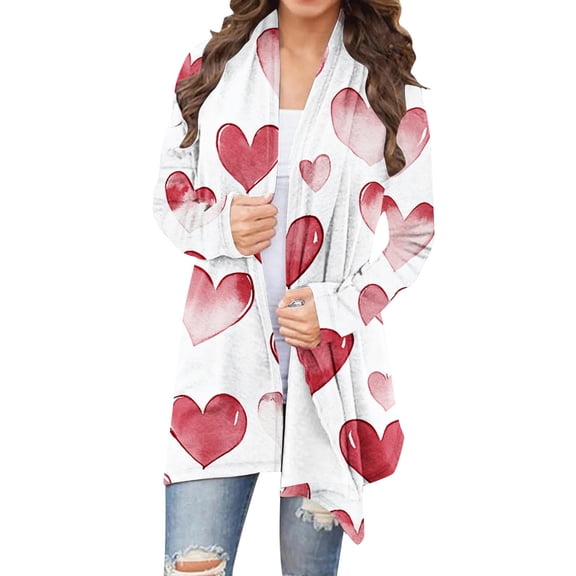 XUNKUSGA Valentine's Day Long Cardigans for Women Fashion Heart Printed Womens Cardigans Casual Long Sleeve Womens Cardigan Casual Loose Open Front Plus Size Cardigan S-5XL White