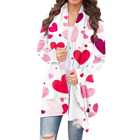 XUNKUSGA Valentine's Day Long Cardigans for Women Fashion Heart Printed Womens Cardigans Casual Long Sleeve Womens Cardigan Casual Loose Open Front Plus Size Cardigan S-5XL White