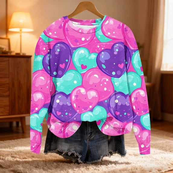 XUNKUSGA Valentine's Day Shirts for Women Cute Heart Print Sweatshirts for Women Loose Fit Crewneck Sweatshirts Women Casual Long Sleeve Pullover Tops for Women S-5XL Blue