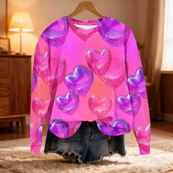 XUNKUSGA Valentine's Day Shirts for Women Cute Heart Print Sweatshirts for Women Loose Fit Crewneck Sweatshirts Women Casual Long Sleeve Pullover Tops for Women S-5XL Purple