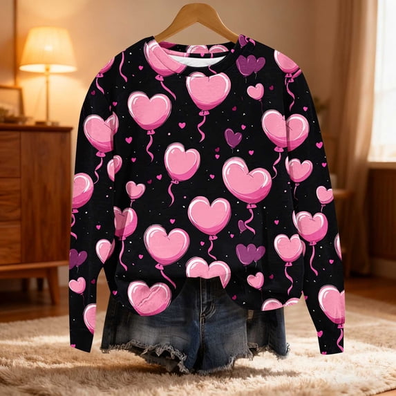 XUNKUSGA Valentine's Day Shirts for Women Cute Heart Print Sweatshirts for Women Loose Fit Crewneck Sweatshirts Women Casual Long Sleeve Pullover Tops for Women S-5XL Black