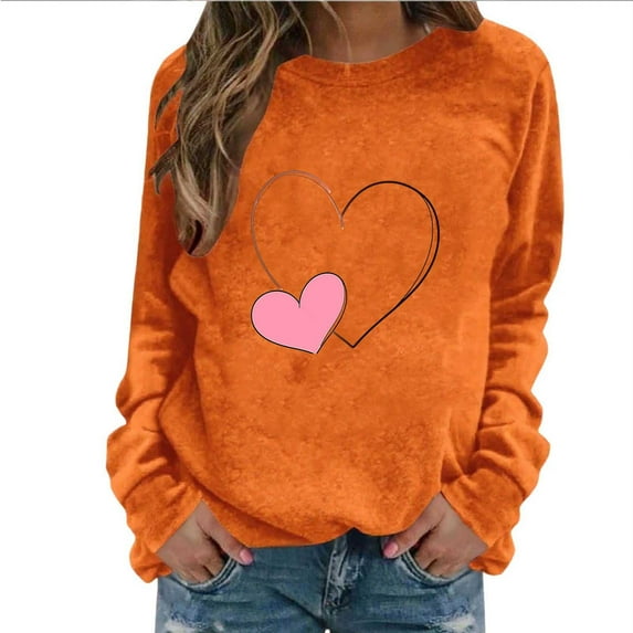 XUNKUSGA Valentine's Day Sweatshirts For Women Heart Graphics Long Sleeve Shirts for Women Classic Pullover Crewneck Sweatshirts Women Fashionable Casual Going Out Tops for Women S-2XL Orange