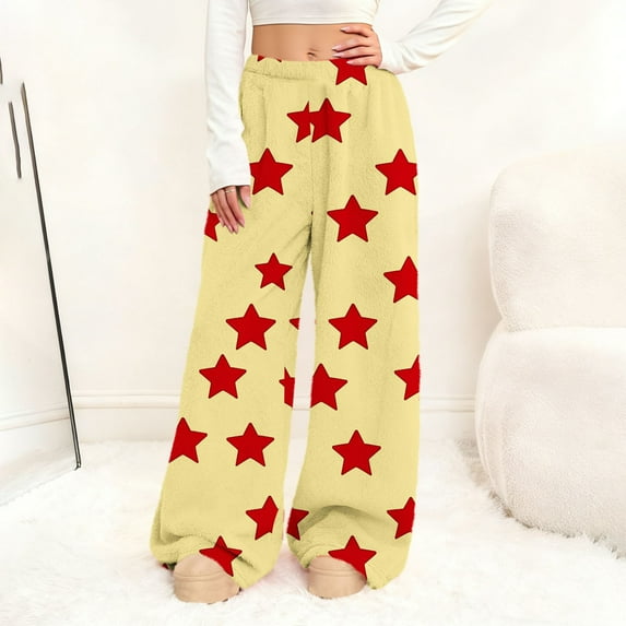 XUNKUSGA Valentine's Day Women's Pants Fashion Hearts Print Flannel Pajama Pants Women Woman Soft Fuzzy Plush Pajama Pants Women Elastic Waist Wide Leg Pj Bottoms for Women S-2XL Yellow