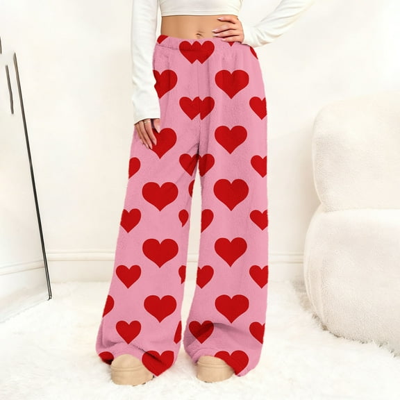 XUNKUSGA Valentine's Day Women's Pants Fashion Hearts Print Flannel Pajama Pants Women Woman Soft Fuzzy Plush Pajama Pants Women Elastic Waist Wide Leg Pj Bottoms for Women S-2XL Red