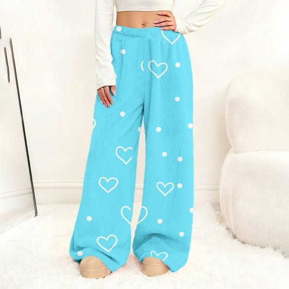 XUNKUSGA Valentine's Day Women's Pants Fashion Hearts Print Flannel Pajama Pants Women Woman Soft Fuzzy Plush Pajama Pants Women Elastic Waist Wide Leg Pj Bottoms for Women S-2XL Blue