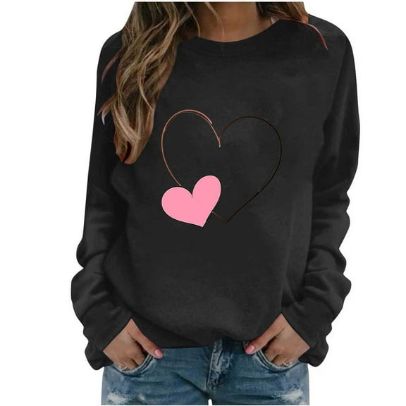 XUNKUSGA Valentines Sweatshirts for Women Casual Long Sleeve Love Heart Pullover Sweatshirts Loose Crewneck Going Out Tops for Women Soft Comfortable Women's Blouses S-2XL Black