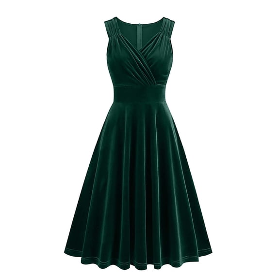 XUNKUSGA Velvet Dress for Women Sleeveless Wrap V Neck Wide Waistband Wedding Guest Dresses Classic Solid Color Pleated Formal Womens Dresses Fashion Retro Victorian Ball Gown S-2XL Green