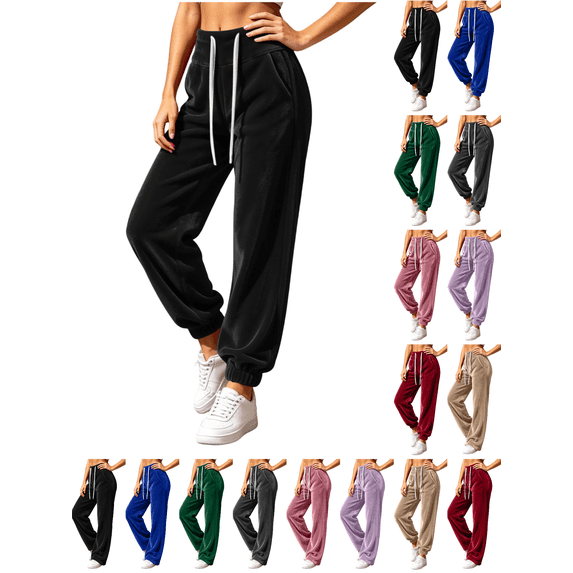 XUNKUSGA Velvet Sweatpants for Women Vintage Drawstring Elastic Waist Joggers for Women High Waist Cinch Bottom Winter Baggy Pants with Pockets for Daily Streetwear S