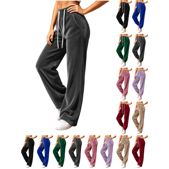 XUNKUSGA Velvet Sweatpants for Women Vintage Drawstring Elastic Waist Joggers for Women High Waist Winter Baggy Pants with Pockets for Daily Streetwear L