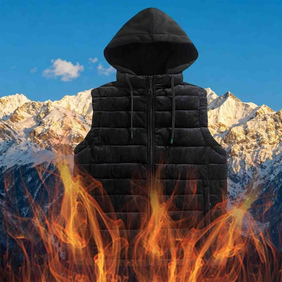 XUNKUSGA Vest for Men With Removable Hood Soft Corduroy Fleece Lined Vest Casual Solid Color Sleeveless Jackets for Men Warm Thickened Full Zip Mens Vest L-3XL Black