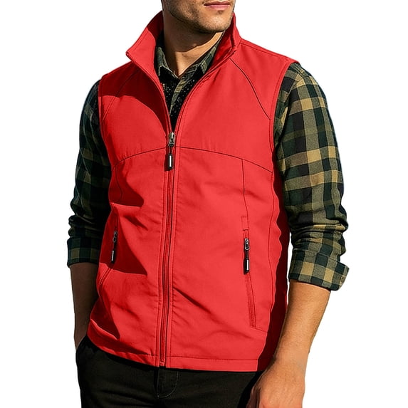 XUNKUSGA Vest for Men Lightweight Solid Color Stand Collar Sleeveless Jackets for Men Summer Utility Zip Up Vest Jacket with Zipper Pockets,Red,3XL