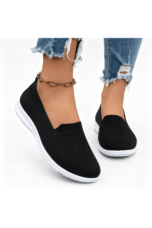 Walking Shoes Women Knitted Mesh Lightweight Breathable Anti-Slip Womens Flats Classic Arch Support Women's Slip on Shoes Comfortable Round Toe Casual Shoes Black