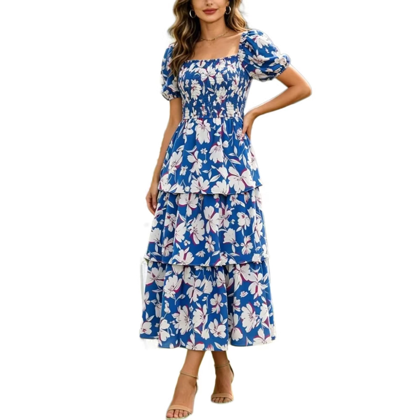 XUNKUSGA Wedding Guest Dresses For Women Fashion Floral Boho Maxi Dresses Trendy Square Neck Puff Sleeve Smocked Layered Tiered Ruffle A Line Swing Midi Dress,Blue,S - Walmart Business Supplies XUNKUSGA Wedding Guest Dresses For Women Fashion Floral Boho Maxi Dresses Trendy Square Neck Puff Sleeve Smocked Layered Tiered Ruffle A Line Swing Midi Dress,Blue,S - Walmart Business Supplies