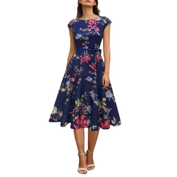 XUNKUSGA Wedding Guest Dresses for Women Modest Vintage Print Prom Dresses Classic Crewneck Cap Sleeves Tiewaist Cocktail Dresses for Women,Blue,L