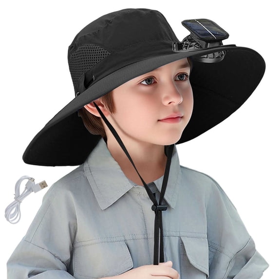 XUNKUSGA Wide Brim Solar Fan Hat for Boy And Girls Breathable Mesh Quick Drying Solar Fan Fishing Hat Summer UPF 50+ Sun Protection Sun Hat with Charging Cable,Army Green