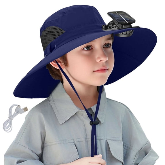 XUNKUSGA Wide Brim Solar Fan Hat for Boy And Girls Breathable Mesh Quick Drying Solar Fan Fishing Hat Summer UPF 50+ Sun Protection Sun Hat with Charging Cable,Khaki