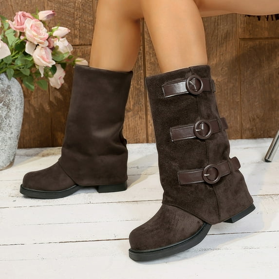 XUNKUSGA Wide Calf Boots for Women Fashion Slouchy Fold Over Womens Boots with Buckle Solid Color Square Toe Low Heel Motorcycle Boots 36-43 Brown