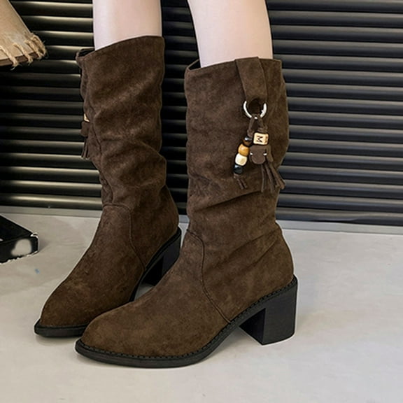 XUNKUSGA Wide Calf Boots for Women Slouchy Stretchy Suede Round Toe Knee High Boots Fashion Low Heel Boots for Women Casual Wide Width Winter Fall Boots with Ornaments 36-42 Brown