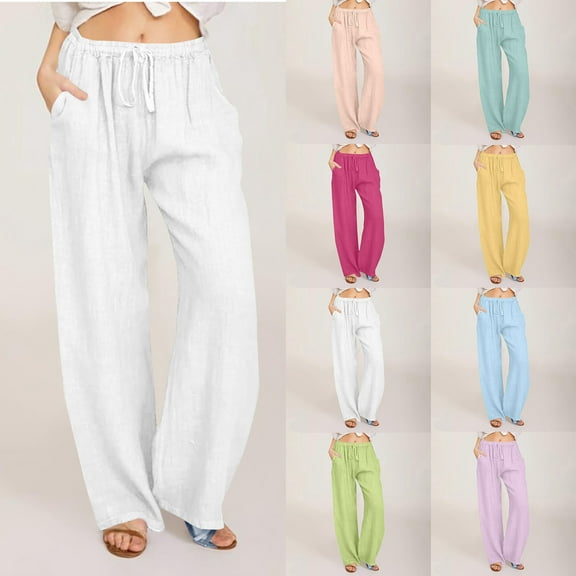 XUNKUSGA Wide Leg Pants Woman Solid Color Drawstring Elastic High Waisted Pants Fashion Loose Trousers Pants for Women with Pockets Cotton Linen Pants Women S-3XL