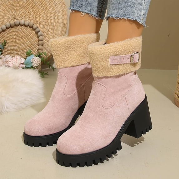 XUNKUSGA Winter Boots for Women Fashion Mid Chunky Heel Round Toe Womens Boots Soft Suede Snow Ankle Boot Casual Warm Booties for Women with Belt Buckle 5.5-9 Pink